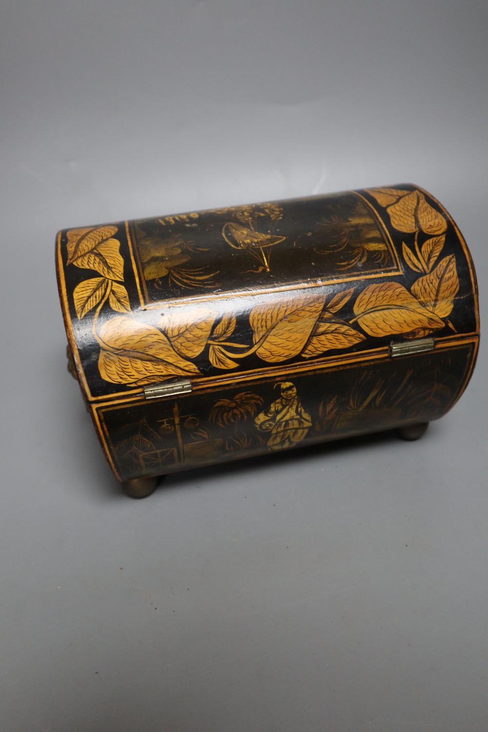 A Regency pen work and chinoiserie sewing box, with lion-mask ring handles, 18cm